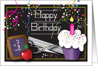 BirthdayTo Teacher’s Aide, cupcake, chalkboard, apple card