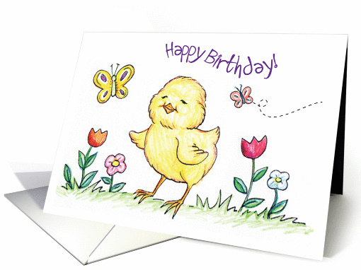 Birthday / To Cute Chick, butterflies, baby chicken, flowers card