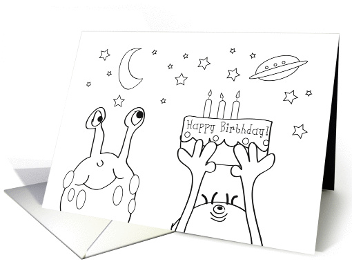 Happy Birthday, coloring book card, aliens card (878593)