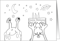 Happy Birthday, coloring book card, aliens card