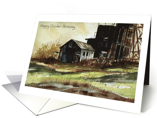 Birthday, October, old mine watercolor card (912069)