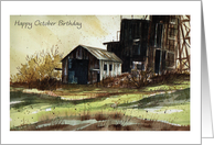 Birthday, October, old mine watercolor card