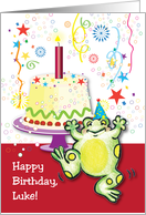 Birthday to Luke, happy frog, cake card