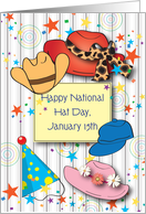 Happy National Hat Day, Jan. 15, colorful hats card