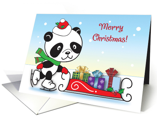 Christmas, Happy Skating Panda, Sleigh, Presents card (942420)