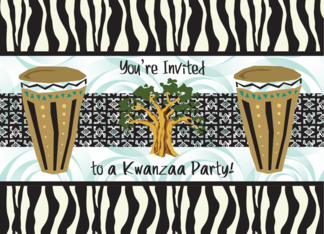 Invitation to Kwanzaa Party, drums, tree