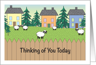 Thinking of You, Primitive Theme, sheep, fence, trees card