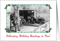 Holiday Greetings From Mail Carrier, vintage photo, holly card