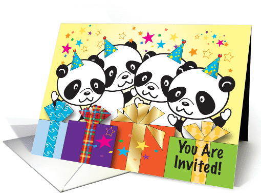 Kid's Birthday Party Invitation, quads, pandas card (970557)