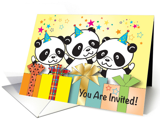 Kid's Birthday Party Invitation for Triplets, pandas card (970753)