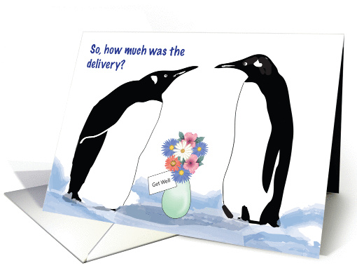 Get Well Soon, penguins theme, vase of flowers card (973783)