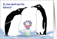 Get Well Soon, penguins theme, vase of flowers card