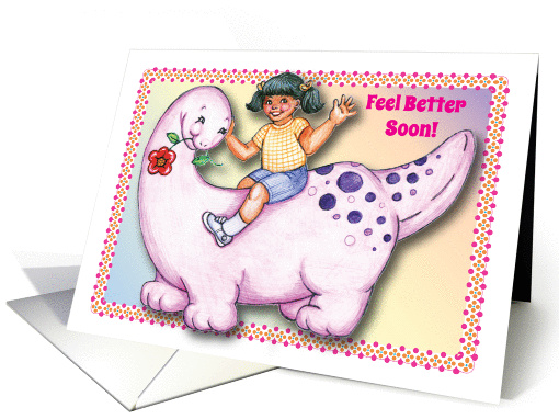 Feel Better Soon, pink dinosaur, little girl card (974361)