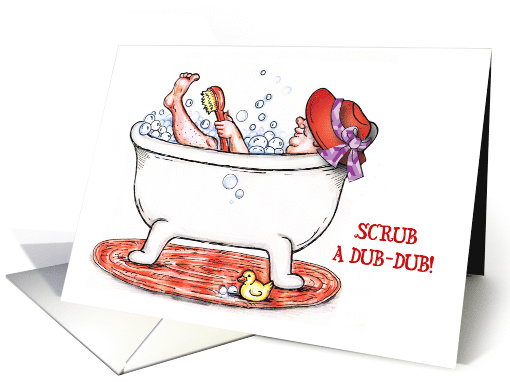 Happy Birthday to Friend Wearing a Red Hat in a Bubble Bath card
