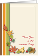 Invitation to Autumn Theme Party, stripes, leaves, berries card