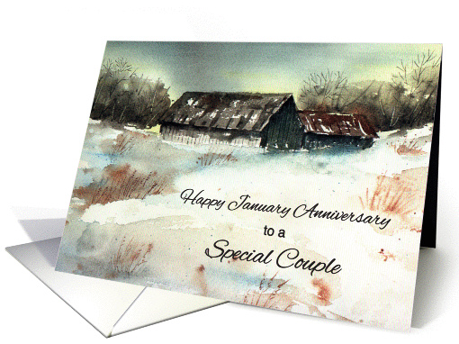 Happy Wedding Anniversary, January, snowy scene watercolor card