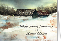 Happy Wedding Anniversary, January, snowy scene watercolor card