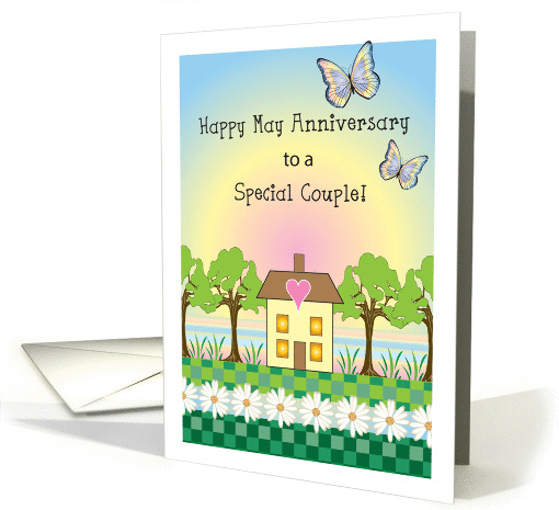Happy May Anniversary, house, trees, butterflies card (985361)