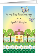 Happy May Anniversary, house, trees, butterflies card