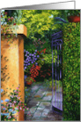 Garden Wall with gate, Stone Path with flowers, Green shrubs, Gardenin card