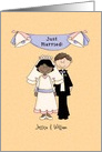 Just married, African-American bride/caucasian groom card