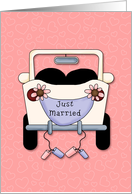 Just married, car with banner and cans card