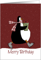 Penguin Gift Birthday at Christmas card