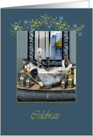 Party celebration, cat drinking Champagne card