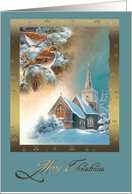 Christmas, Church, snow and birds card