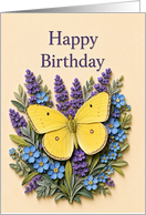 Birthday Sulphur Butterfly Among Lavender and Blue Flowers