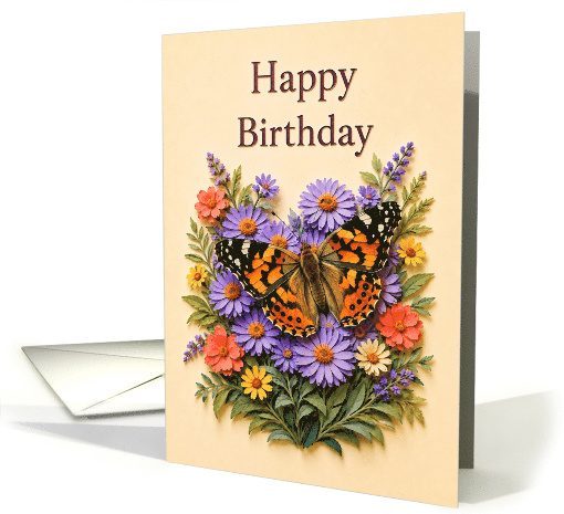 Birthday Painted Lady Butterfly Among Colorful Garden Flowers card