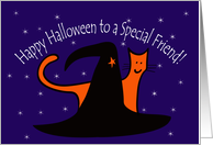 Witches Hat and Orange Cat Happy Halloween Friend card