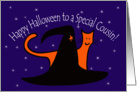 Witches Hat and Orange Cat Happy Halloween Cousin card