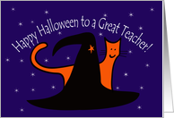 Witches Hat and Orange Cat Happy Halloween Great Teacher card