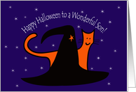Witches Hat and Orange Cat Happy Halloween Son card