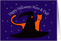 Witches Hat and Orange Cat Happy Halloween Mom and Dad card