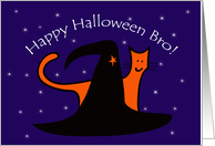 Witches Hat and Orange Cat Happy Halloween Bro card
