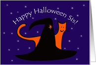 Witches Hat and Orange Cat Happy Halloween Sis card