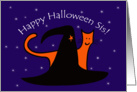 Witches Hat and Orange Cat Happy Halloween Sis card