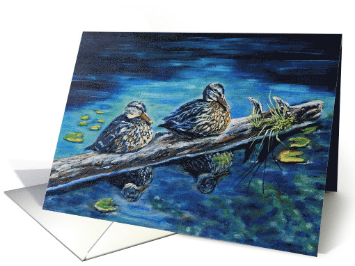Two ducks sitting on a log in the pond card (1523542)