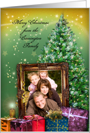 Merry Christmas with your photo in frame, decorated tree, gifts card
