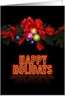 Modern Happy Holidays Card with Neon Text, Bow & Ornaments card