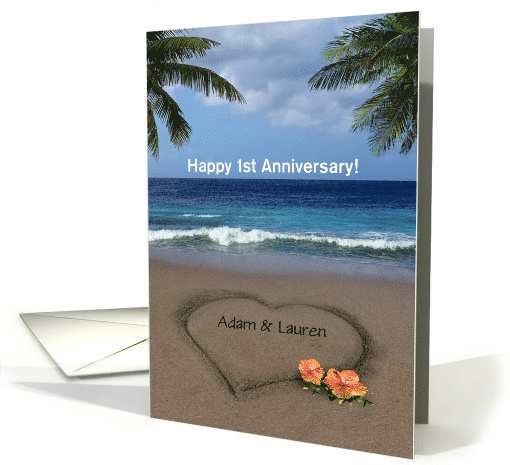 Heart in the Sand Beach Wedding 1st Anniversary Congratulations card