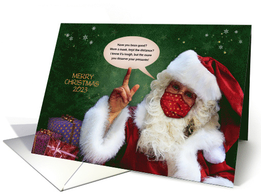 Merry Christmas Santa with Facemask and Text about distancing card