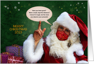 Merry Christmas Santa with Facemask and Text about distancing card