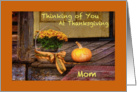 Thinking of Mom at Thanksgiving, Basket of Mums and Pumkin on Porch card