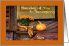 Thinking of Son at Thanksgiving, Basket of Mums, Pumpkin on Porch card
