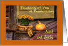 Thinking of Aunt and Uncle at Thanksgiving, Basket of Mums, Pumpkin card