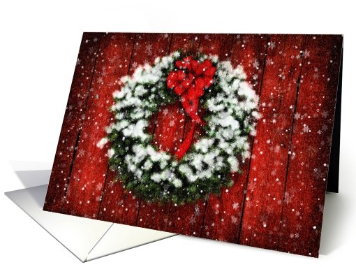 Snowy Christmas Wreath on Barn Door Blank card (512835)