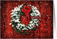 Snowy Christmas Wreath on Barn Door Wishing You Joy card
